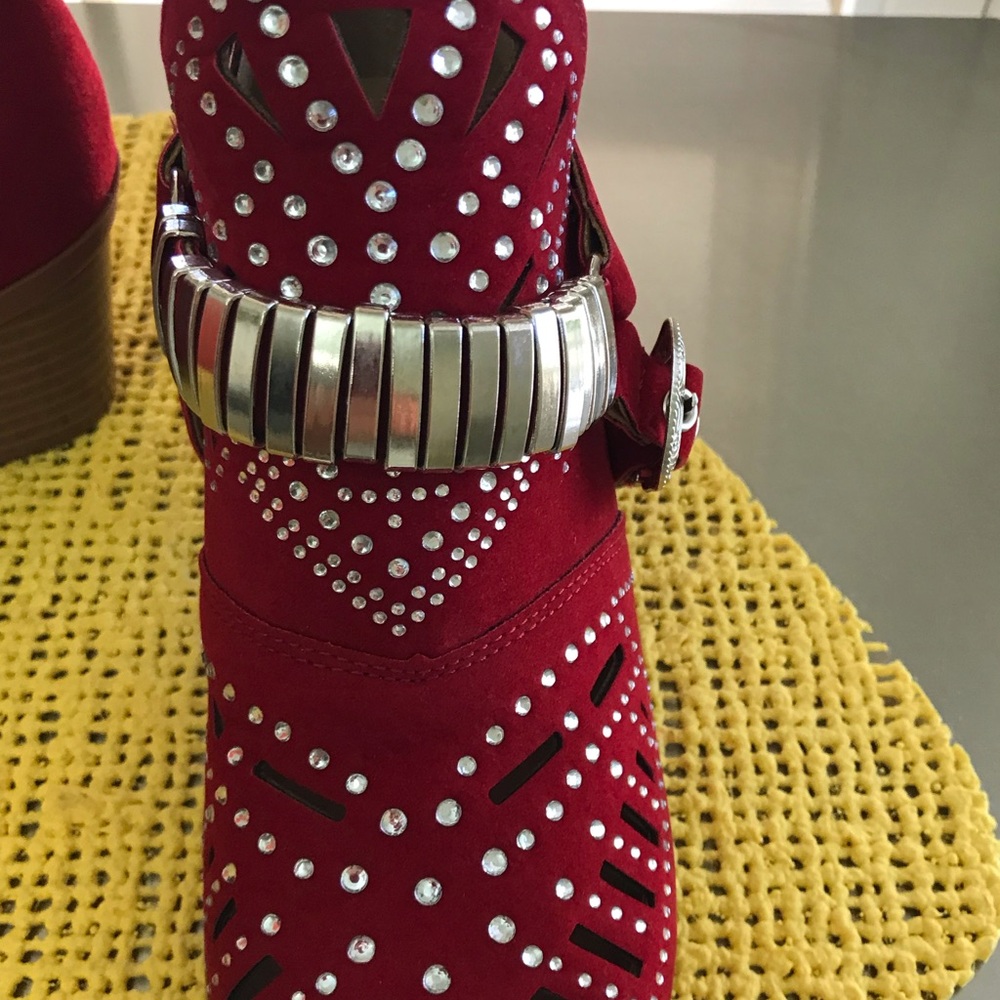 Red Studded Western Ankle Boots with Silver Buckles - Picture 4 of 11